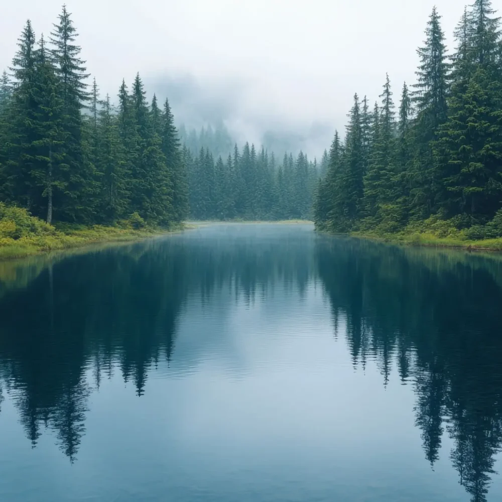 Misty mountain lake reflecting trees, serene landscape, nature background, travel
